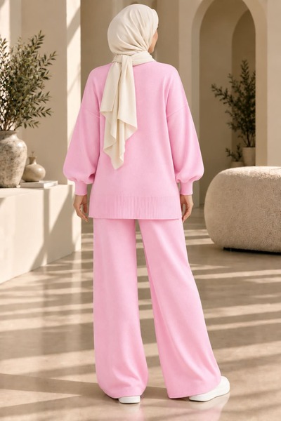 aymiraa Women's Islamic Clothing Knitwear Set: Buttoned Cardigan and Wide-Legged Pants Two-Piece Set, Loose and Comfortable Fit