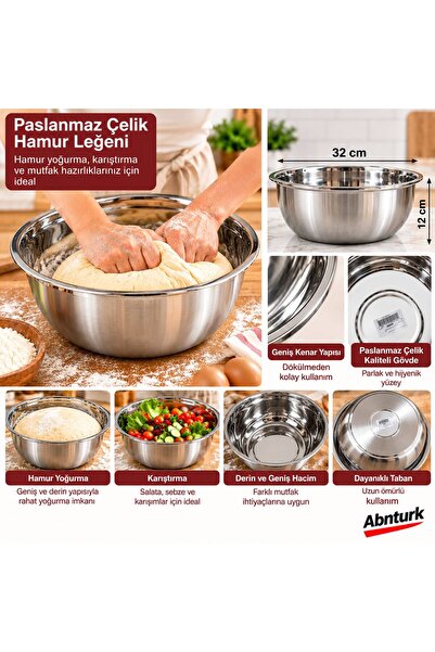 abnturk 5L Paslanmaz Çelik Çok Amaçlı Kulpsuz Hamur ve Yemek Hazırlama Leğeni...