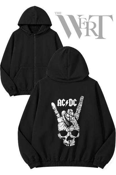 THEWERT Ac Dc Skull Back Printed Zippered Hooded Black Cardigan (2 Yarns)