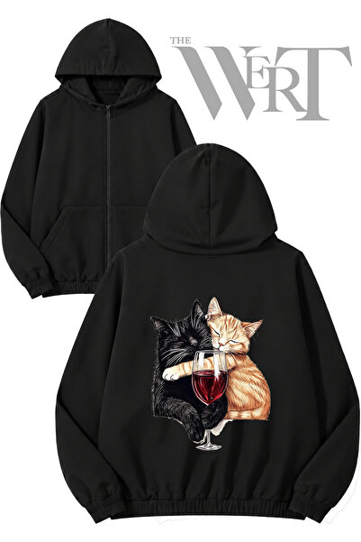 THEWERT Cat Sarap Sarilma Back Printed Zippered Hooded Black Cardigan (2 Yarns)