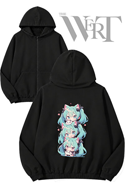 THEWERT Hatsune Miku Neko Back Print Zippered Hooded Black Cardigan (2 Yarns)
