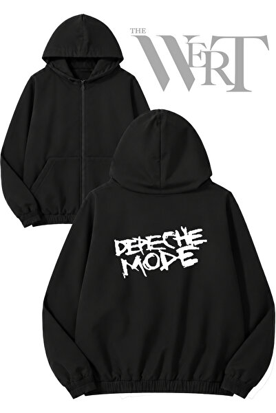 THEWERT كارديجان أسود بطباعة من الخلف وسحاب وغطاء للرأس من Depeche Mode 3 (خي...
