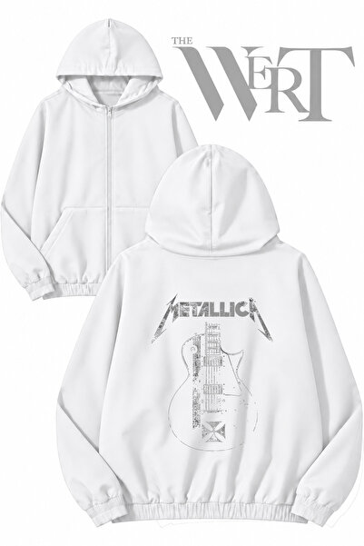 THEWERT سترة ميتاليكا جيتار بيضاء بطبعة على الظهر وسحاب أمامي (2 خيط)