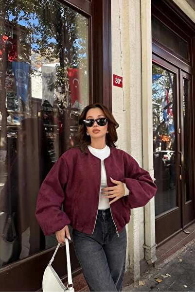 T SteepRockt Kadın Bordo Kaşe Ceket Astarlı Fermuarlı Kısa Bomber Model