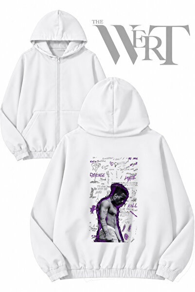 THEWERT سترة بيضاء بقلنسوة وسحاب مطبوعة من الخلف من Xxxtentacion 1 (2 خيط)