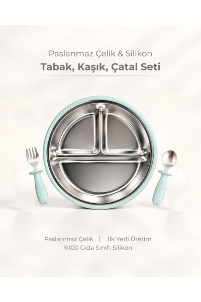 pandish Çelik Bölmeli Vakum Tabanlı Mama Tabağı & Çelik Uçlu Silikon Saplı Ka...