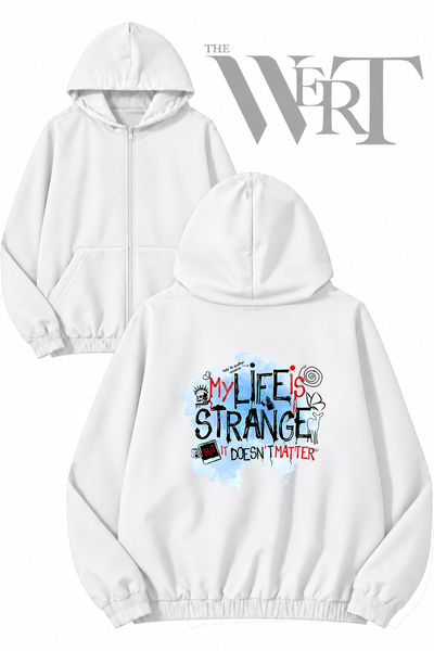 THEWERT سترة بيضاء بقلنسوة وسحاب مطبوع من الخلف من My Life Is Strange 1 (خيطان)
