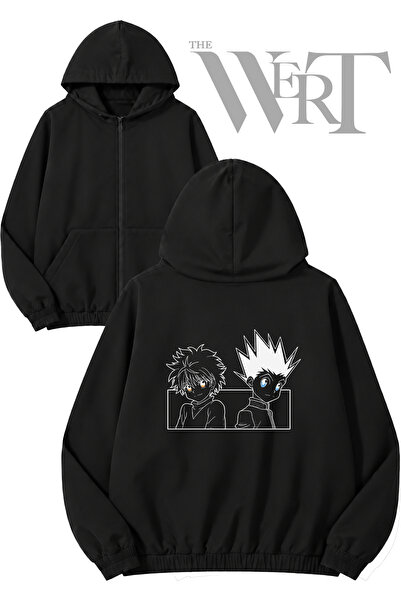 THEWERT Killua and Gon Back Printed Zippered Hooded Black Cardigan (2 Yarns)