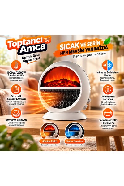 Toptancı Amca Şömine Efektli PTC Elektrikli Isıtıcı 2000W | 1000W/2000W 2 Kademeli | Ayarlanabilir Termostat | Devrilme ve Aşırı Isınma Korumalı