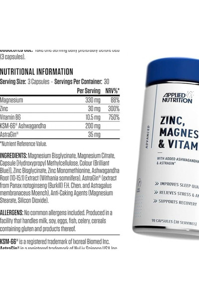 applied nutrition مكمل الزنك والمغنيسيوم وفيتامين B6 من أبلايد نيوتريشن 90 كبسولة - ZMA 90 Capsules