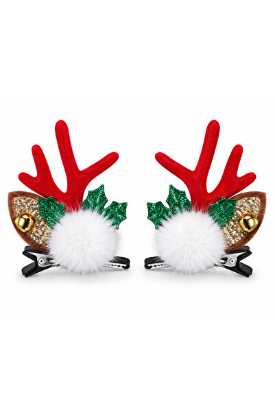 Generic Brand Set of 2 Christmas hair clips, reindeer pattern, red and brown
