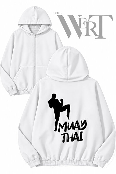 THEWERT Muay Thai_2 Back Printed Zippered Hooded White Cardigan (2 Yarns)