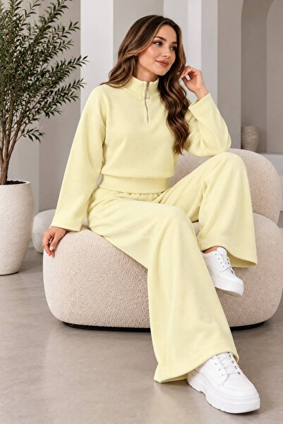 aymiraa Women's Knitwear Double Set Zippered Sweatshirt Wide Leg Pants Loose ...