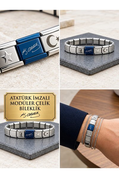 C&On Design Ataturk Signed Italian Charm Steel Bracelet - Modular Charm Bracelet with Moon Star Infinity Detail