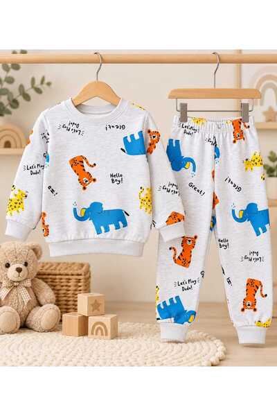 krm kerem bebe %100 Pamuklu Erkek Çocuk Gri Fil Kaplan ve Leopar Desenli Alt-Üst Uzun Kollu Çocuk Pijama Takımı