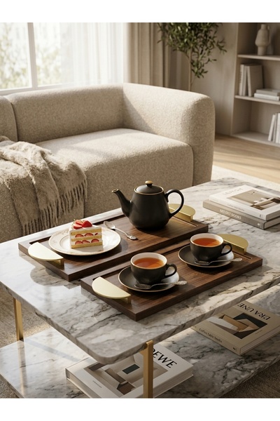Generic Dark Wood Grain Pattern Serving Tray Set