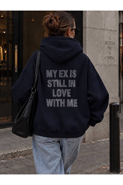 Mad&Calf Women's Ex Love Stone Printed Hooded Oversize Sweatshirt