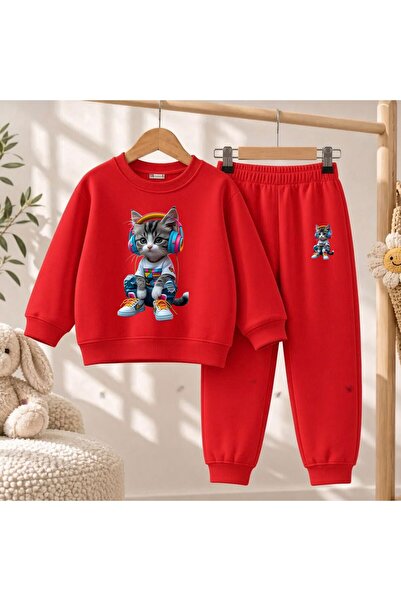 playwear Team Sweatshirt with Cat Print for Girls and Boys, Crew Neck