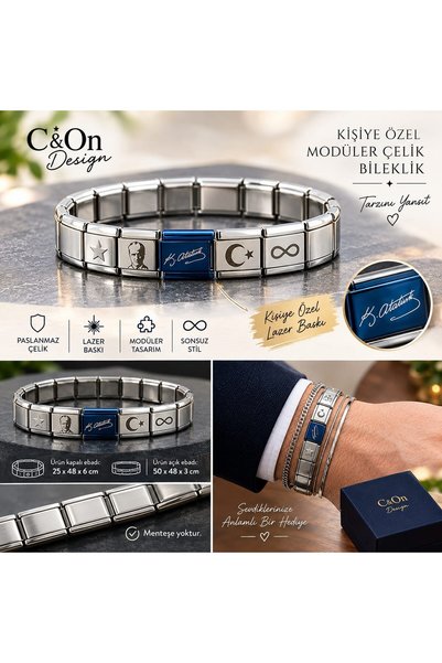 C&On Design Ataturk Signed Italian Charm Steel Bracelet - Modular Charm Bracelet with Moon Star Infinity Detail