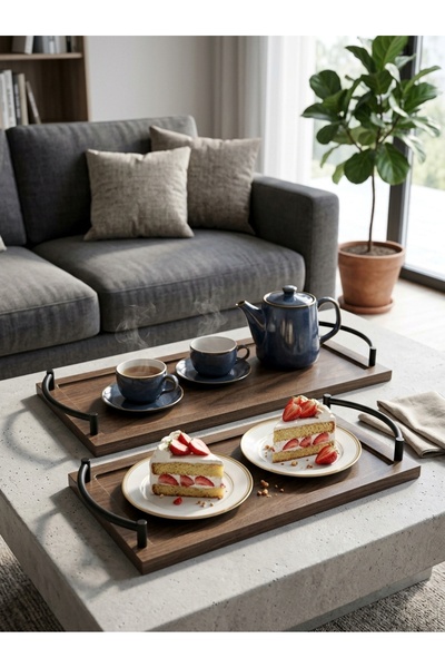 Generic Dark Wood Grain Pattern Serving Tray Set