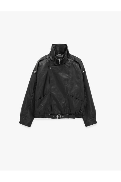 Koton Oversized Faux Leather Jacket with Pockets, Stand Collar, Long Sleeves ...