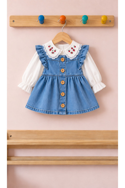 KOKOŞ BEBEK Baby Girl Strawberry Embroidered Collared Denim Dress – 1-2-3 Yea...