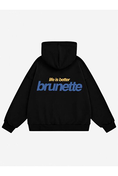 Mad&Calf Women's Life Is Better Brunette Printed Hooded Fleece Oversize Sweat...