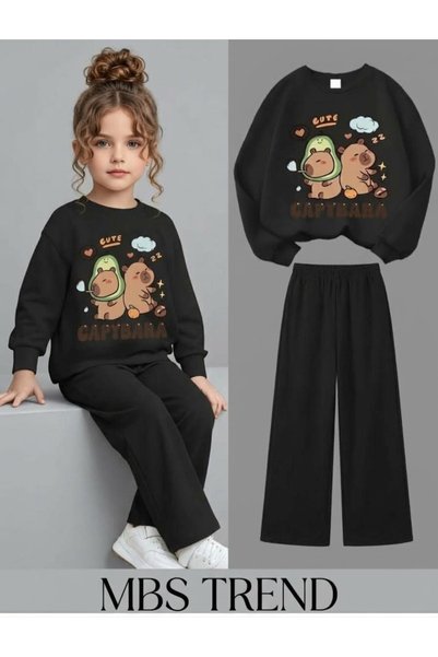 Kids Zimska devojčica, crna slatka majica sa kapibarom i avokadom, široki kom...