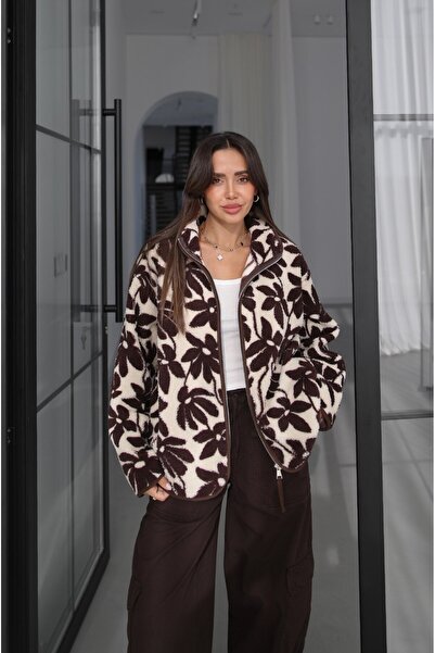 Havoş Braune Fleecejacke mit Blumenmuster und Reißverschluss