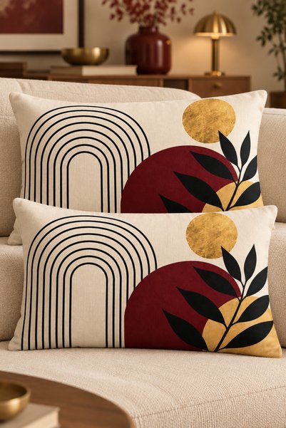 fdm desıgn 2'li Kırlent Kılıfı 30x50 Bordo Siyah Krem Modern Geometrik Desenl...