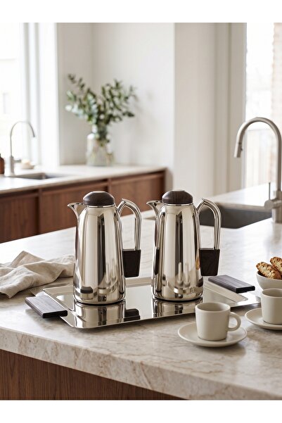 Generic Luxury Tea and Coffee Serving Set with Two Thermos Flasks and Tray - 3 Pieces