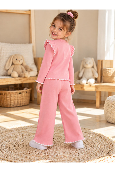 AKİF GİYİM Baby Girl & Child Cotton Ribbed Fabric Ruffle Top and Bottom Set