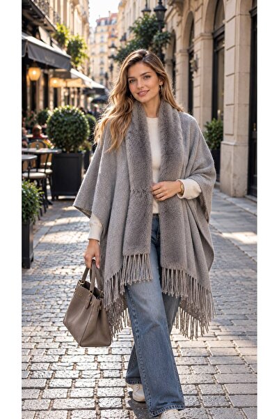 BALIENTE Gray Premium Cashmere Plush Faux Fur Women's Poncho