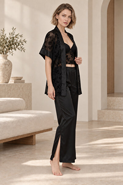 Loule Women's Black Satin Kimono Pajama Set Floral Embroidered Bralet Pants 3...