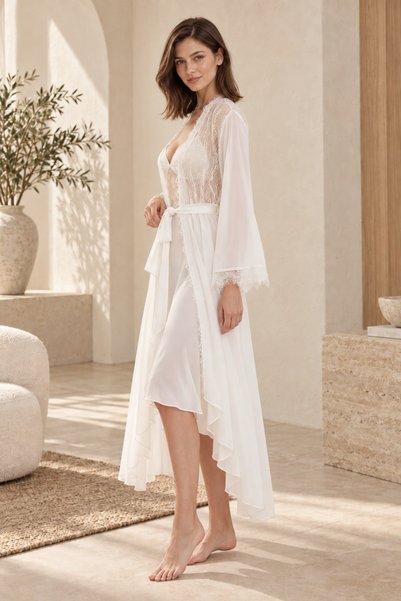 Loule Women's Ecru Satin Nightgown and Dressing Gown Set with Lace Waist Detail, 2 Pieces