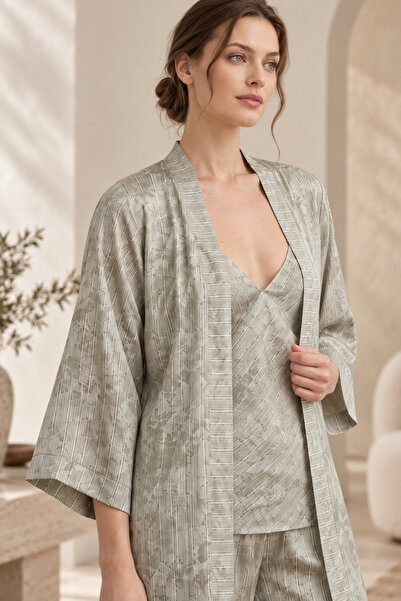 Loule Women's Mint Satin Kimono Pajama Set Patterned V-Neck Strap Top Pants 3 Piece