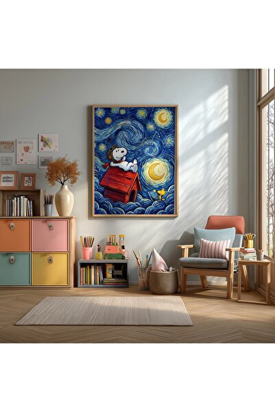 KEYFHOME Poster de pictură pe tablă MDF înrămat cu Snoopy și Woodstock Starry...