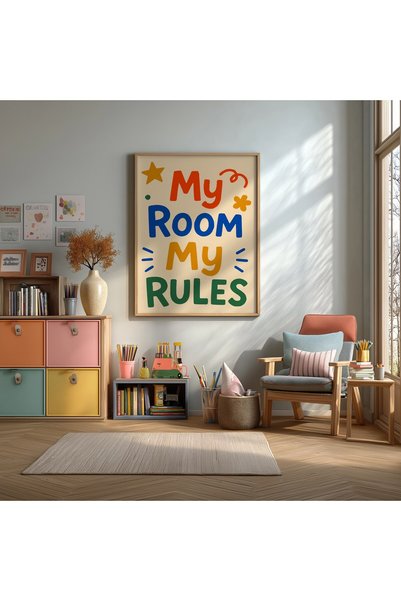 KEYFHOME My Room My Rules Typography Framed Mdf Painting Poster Kids Room Wal...