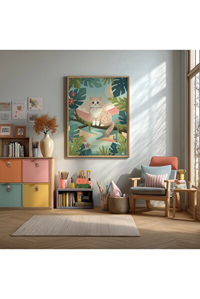 KEYFHOME Pictură MDF cu ramă drăguță pisică în pădure tropicală Poster pentru...