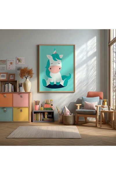KEYFHOME Poster drăguț Unicorn Pastel înrămat MDF Tablou Cadou pentru decor d...