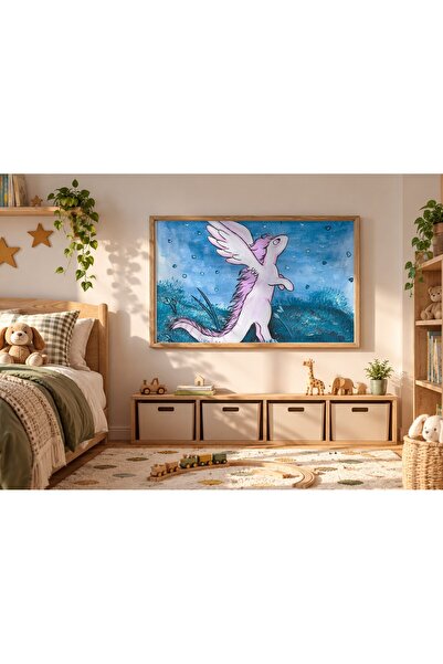 KEYFHOME Poster de pictură MDF înrămat cu dragon zburător în acuarelă, cadou ...