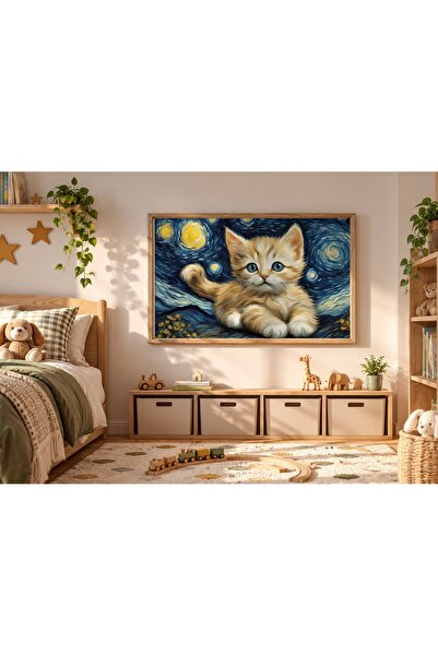 KEYFHOME Αφίσα ζωγραφικής σε στυλ Starry Night με κουτάβια γάτα σε πλαίσιο MD...
