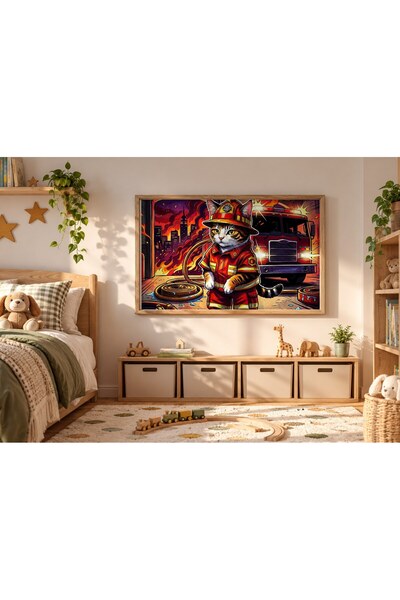 KEYFHOME Pompier pisică pompieri mașină cu cadru MDF pictură poster camera co...