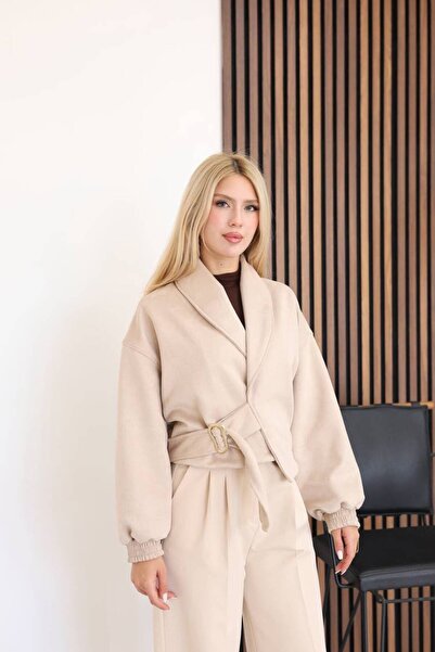 maf collection Women's Ecru Waist Buckle Detail V-Neck Belted Short Suede Jacket