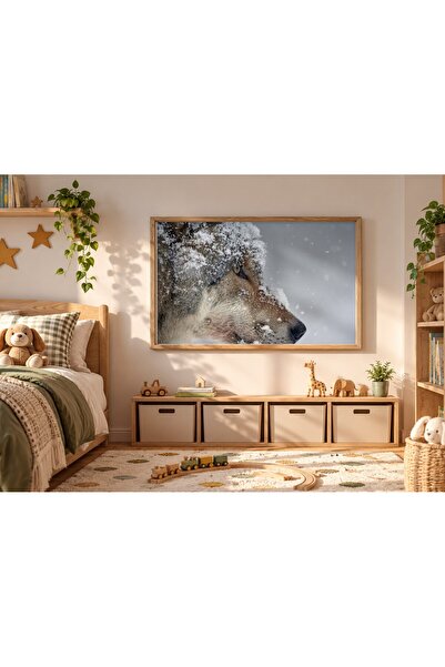 KEYFHOME Tablou MDF cu rama cu fața de lup iarna, poster, decor de perete pen...