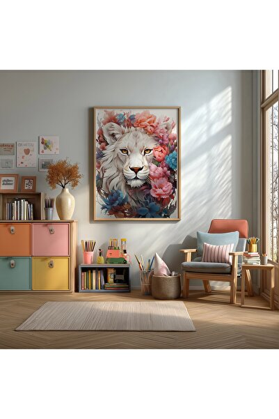 KEYFHOME Beli lav sa cvetom uokviren MDF slika poster dekoracija zida za deči...