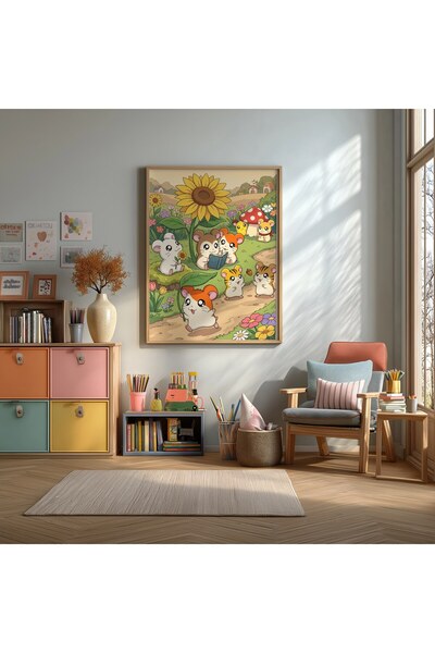 KEYFHOME Poster drăguț cu Hamtaro în grădina cu flori, tablou înrămat din MDF...