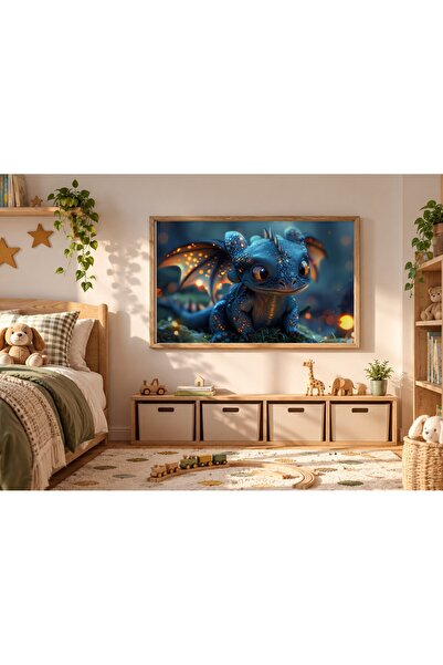 KEYFHOME Poster de pictură MDF cu ramă orizontală cu dragon drăguț pentru cop...