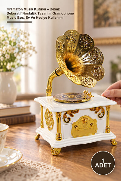 1 Adet Gramafon Müzik Kutusu – Beyaz Dekoratif Nostaljik Tasarım, Gramophone Music Box, Ev Ve Hediye Kullanımı