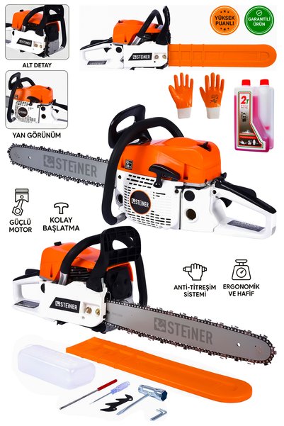 STEİNER 2.1 Kw Turbo-5200 Profesyonel 2.8 Hp Çift Egzoz 52cc Ağaç Odun Dal Ke...